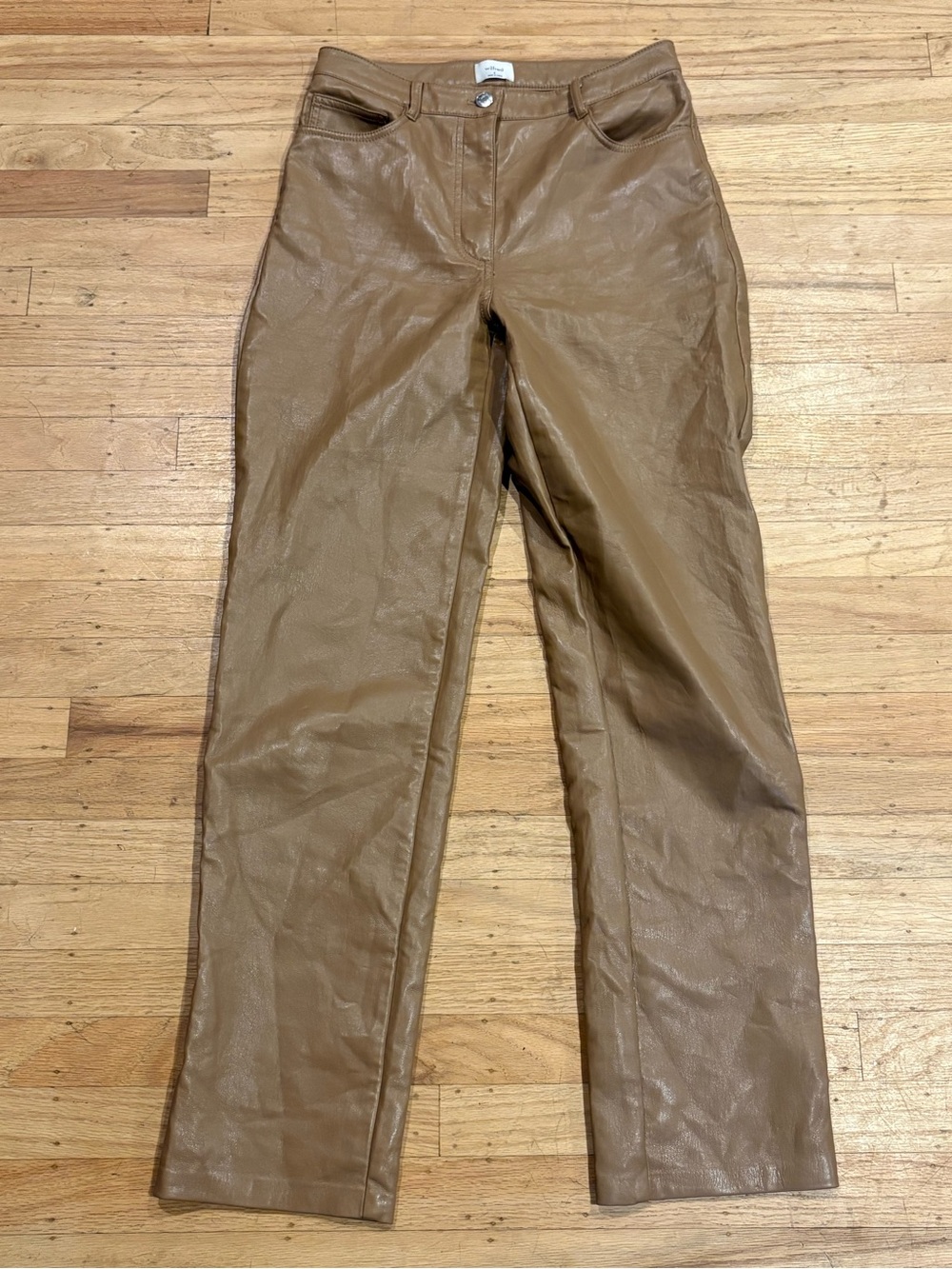 Wilfred Tan Faux Leather Pants with Branded Button